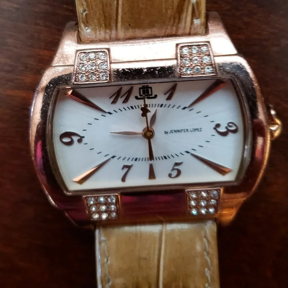 Jennifer Lopez Rose Gold Crystal Accent Rectangle Face Leather Band Womens Watch